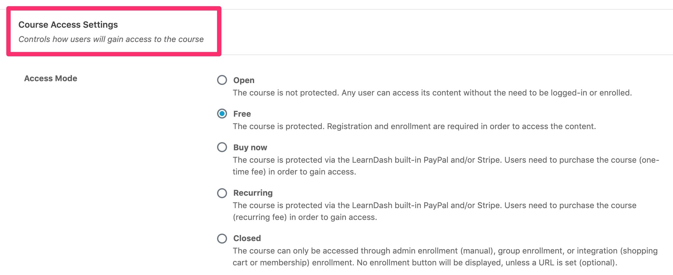 learndash course access settings